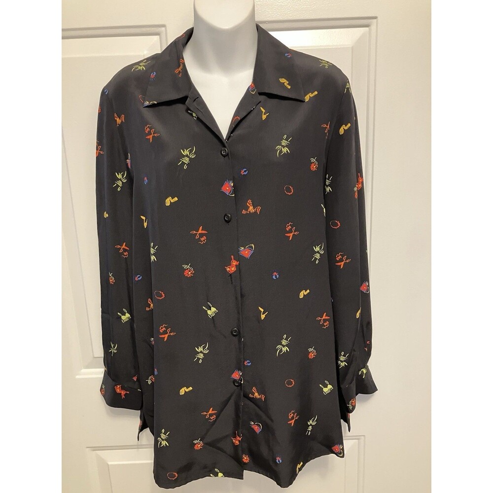 Studio G Vtg Women’s Button Up Black Shirt Small‎ Artsy 100% Silk Art To Wear